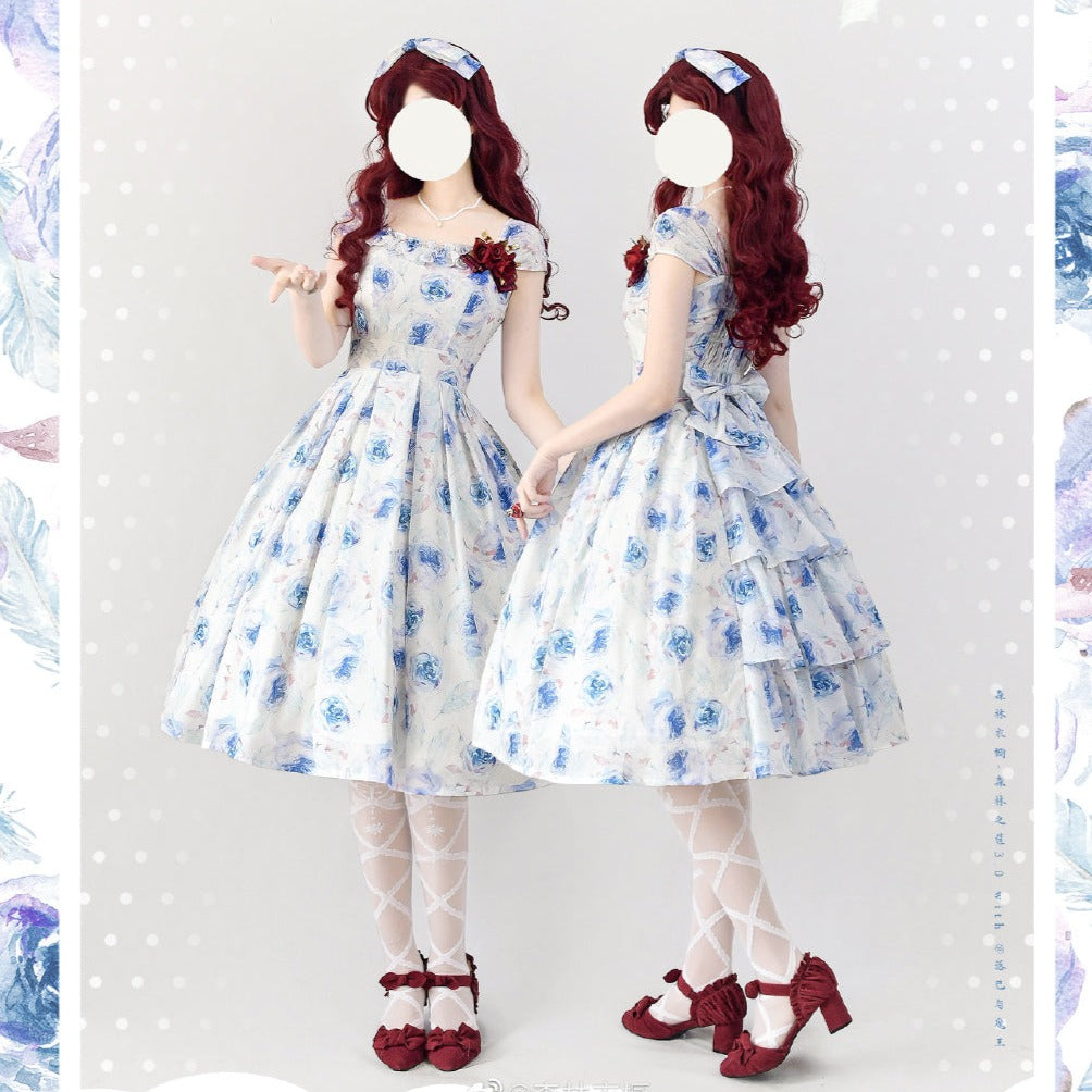 Blue rose French sleeve jumper skirt with ribbon hair accessory
