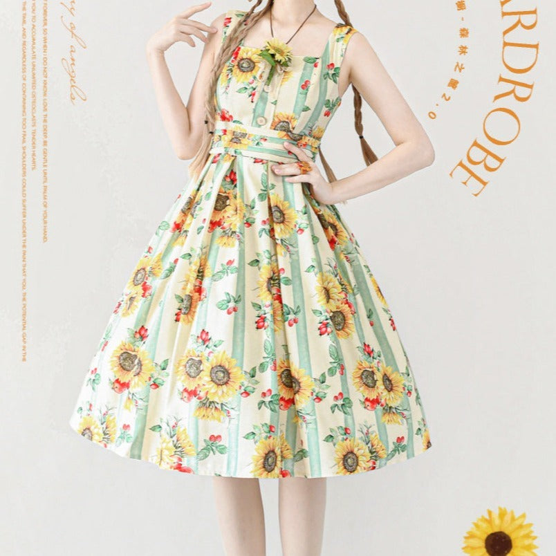 向日葵と果実のクラシカルジャンパースカート リボンのヘアアクセ付 – ロリータファッション通販RonRon