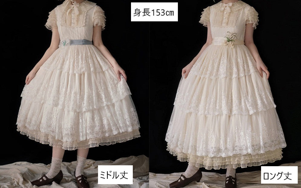 【予約販売】鈴蘭の花刺繍 三段レースワンピース（ミドル丈）