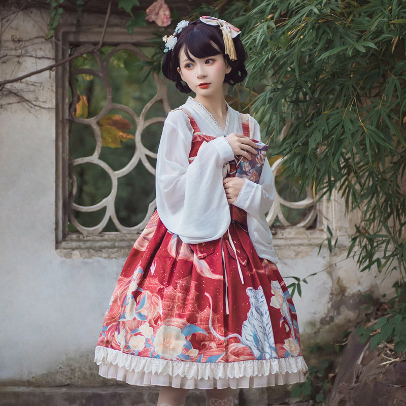 華ロリ 花とホワイトタイガーのチャイナロリータドレス