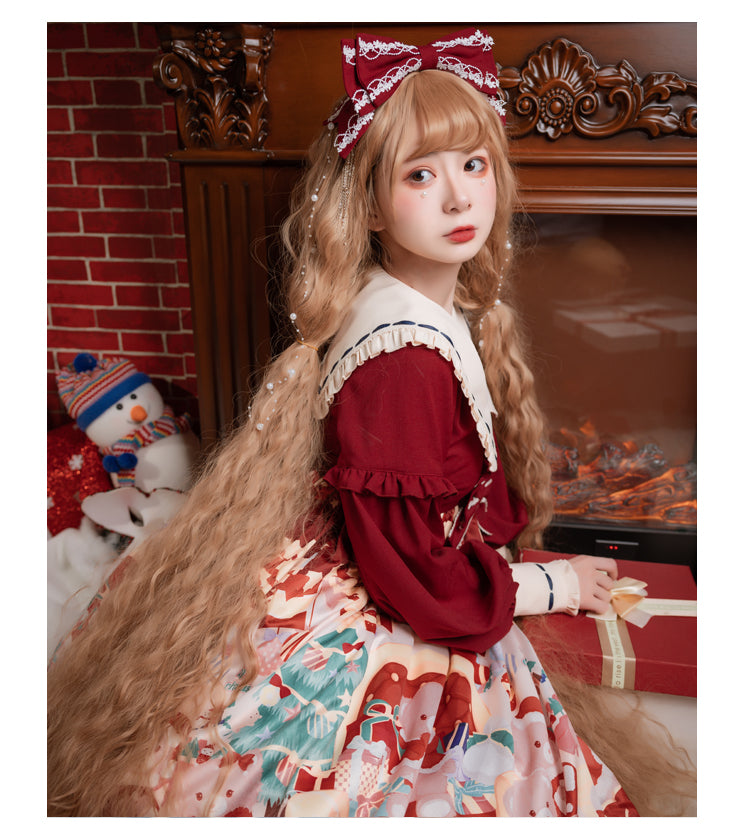 サンタベアープリント クリスマスカラーのロリータドレス