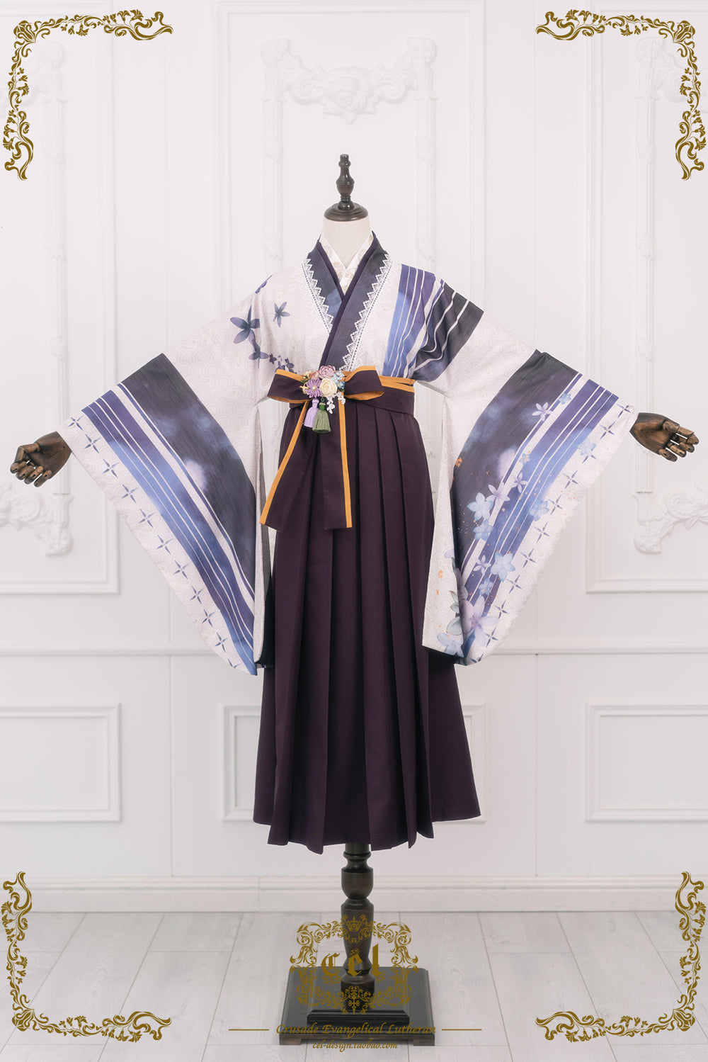 Camellia flower embroidery and butterfly hakama skirt
