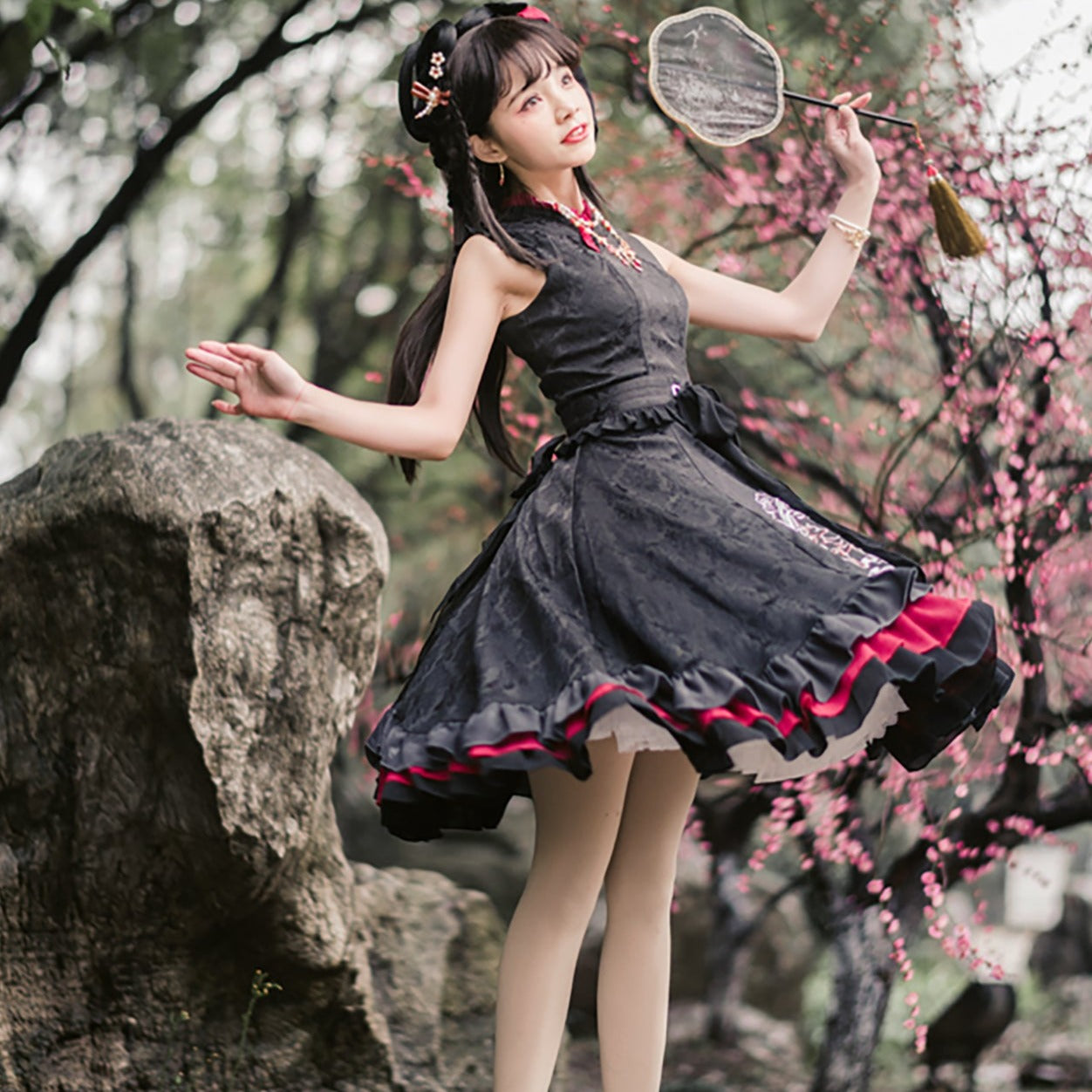 Nine-Tailed Fox Flower Lolita Jumper Skirt with Cloak and Hair Accessory