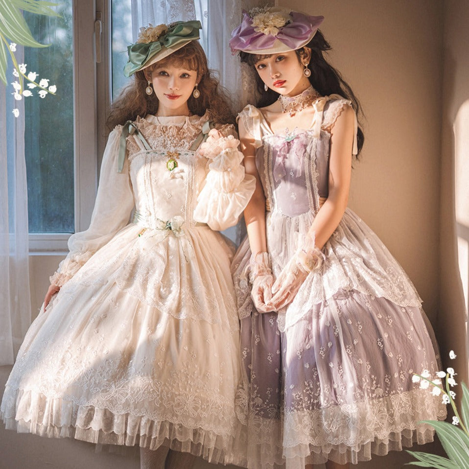 鈴蘭の花刺繍 レイヤードジャンパースカート