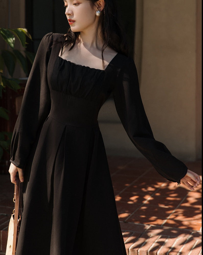 Retro French Square Neck Black Dress