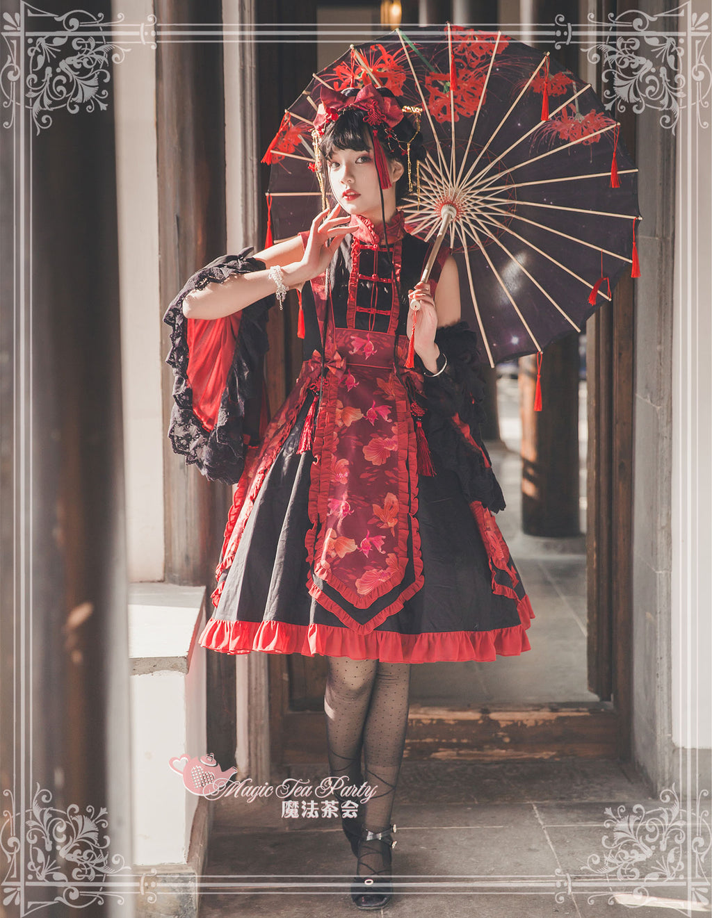 Yumemiru Goldfish Flower Lolita Dress with Arm Sleeves and Hair Accessories