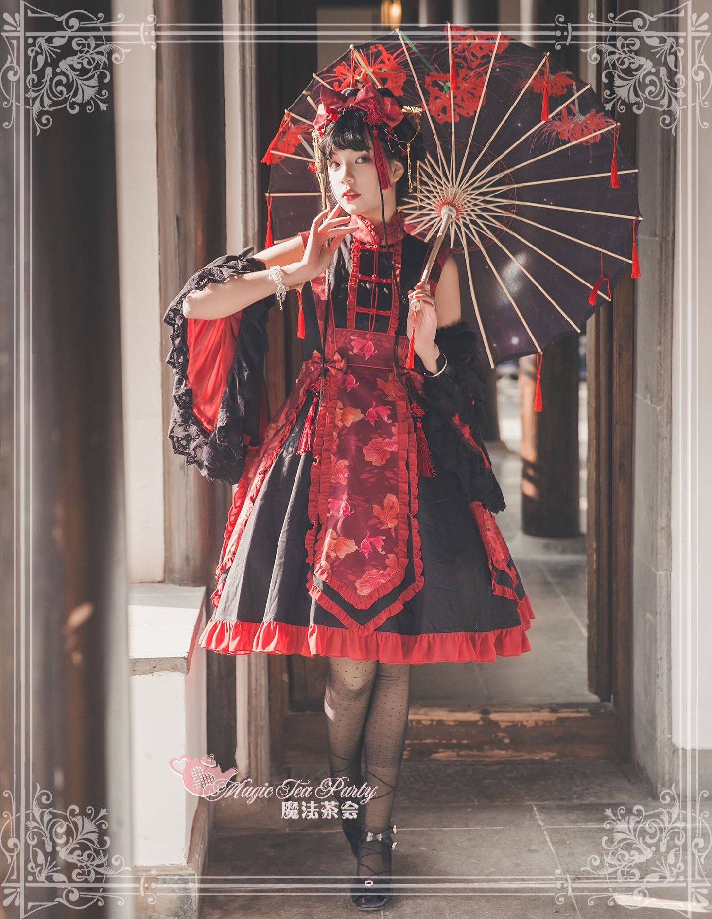 Yumemiru Goldfish Flower Lolita Dress with Arm Sleeves and Hair Accessories