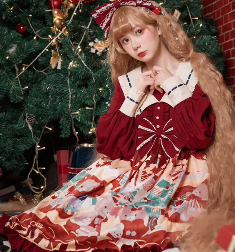 サンタベアープリント クリスマスカラーのロリータドレス