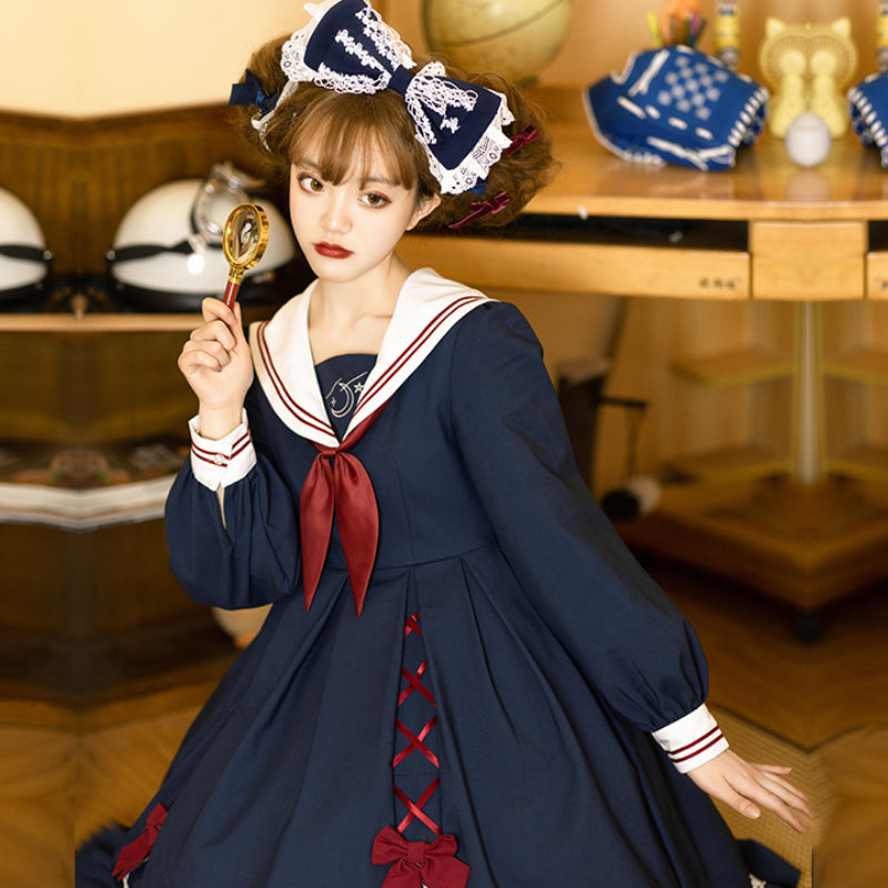 School style navy sailor collar lace up lolita dress