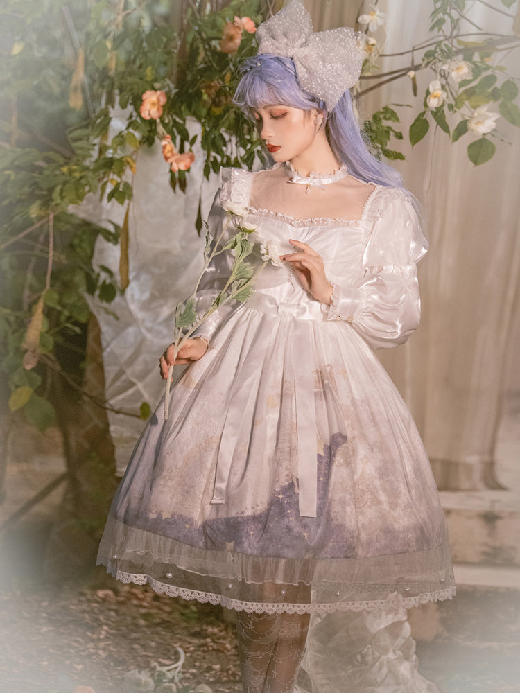 柔らかシフォン素材のエンジェルプリント ドレス