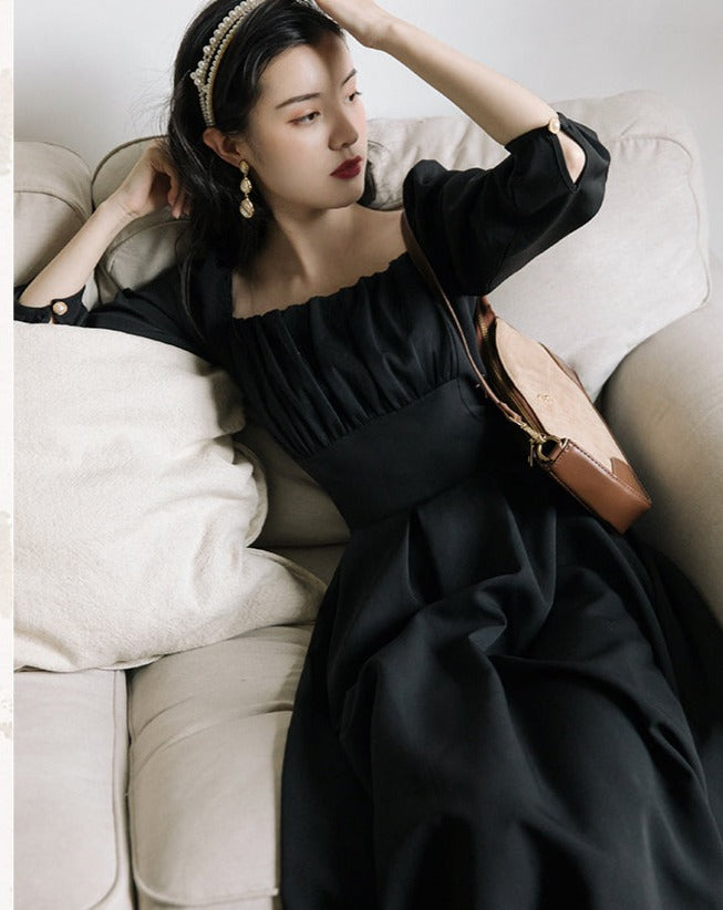 Retro French Square Neck Black Dress