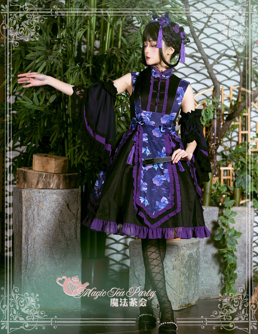 Yumemiru Goldfish Flower Lolita Dress with Arm Sleeves and Hair Accessories