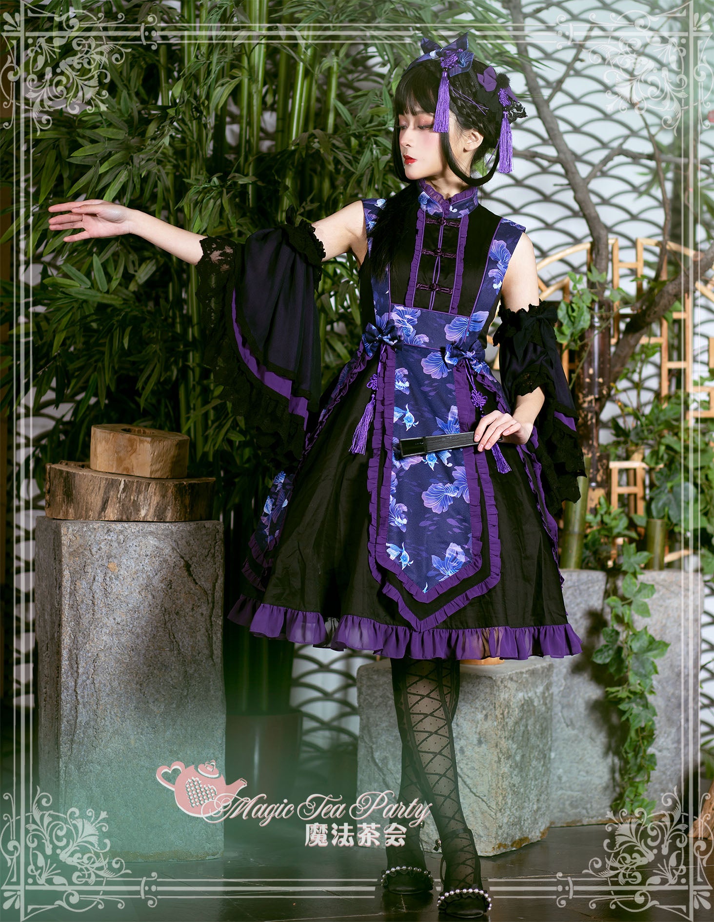 Yumemiru Goldfish Flower Lolita Dress with Arm Sleeves and Hair Accessories
