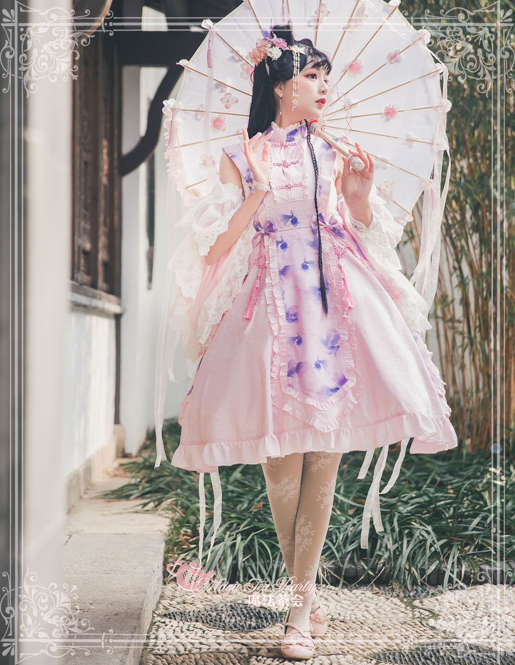 Yumemiru Goldfish Flower Lolita Dress with Arm Sleeves and Hair Accessories