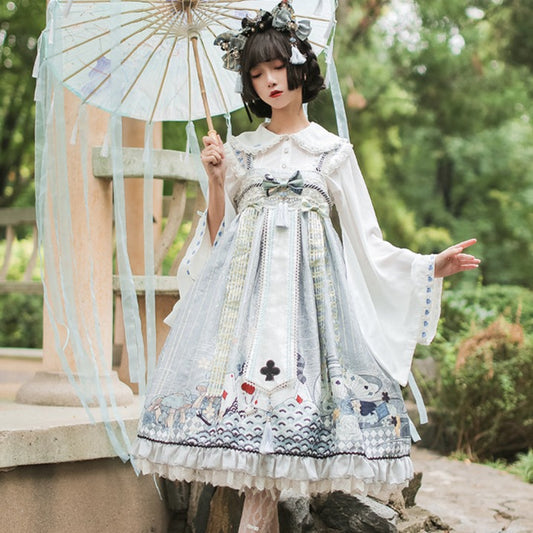 Japanese Lolita x Alice Jumper Skirt and Blouse Headband Set