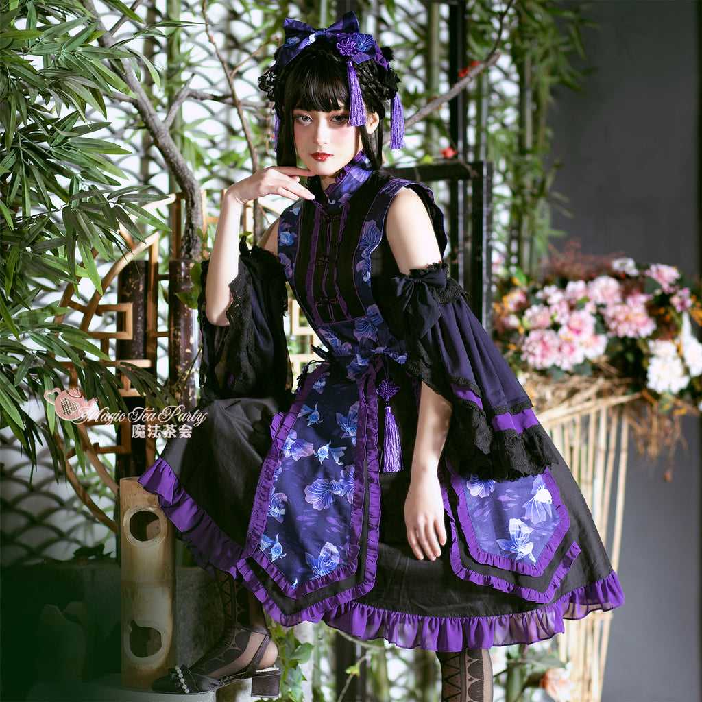 Yumemiru Goldfish Flower Lolita Dress with Arm Sleeves and Hair Accessories