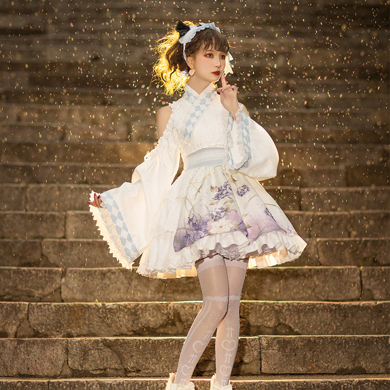 和ロリ 花模様のホワイトミニドレス ヘッドドレス付き