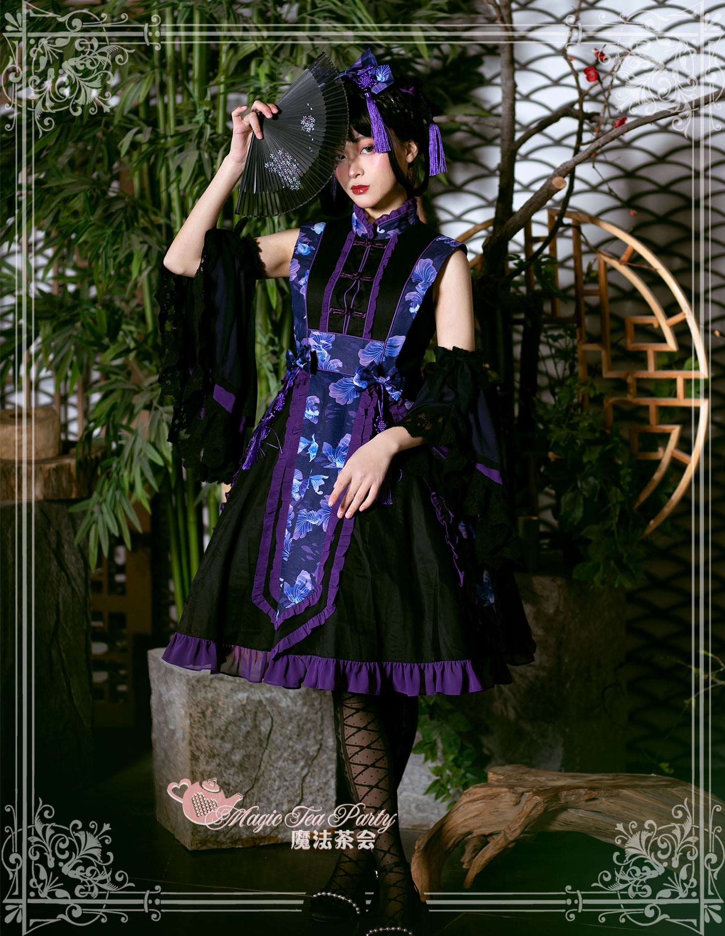 Yumemiru Goldfish Flower Lolita Dress with Arm Sleeves and Hair Accessories