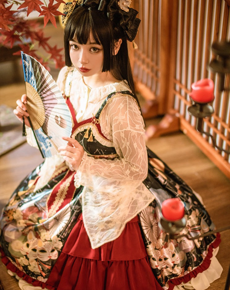 Japanese loli fox face Japanese style print jumper skirt