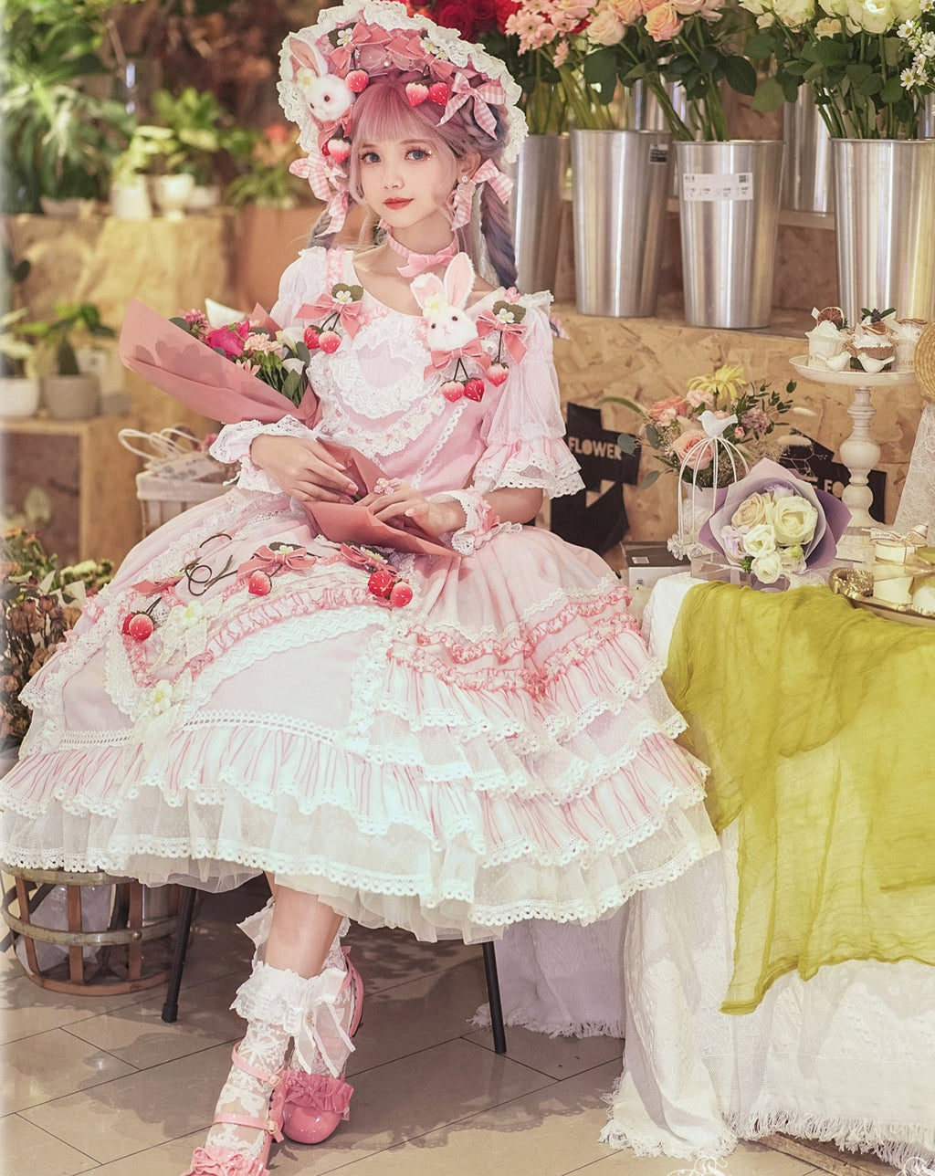 フリルとリボンのストロベリープリンセスドレス 全4色