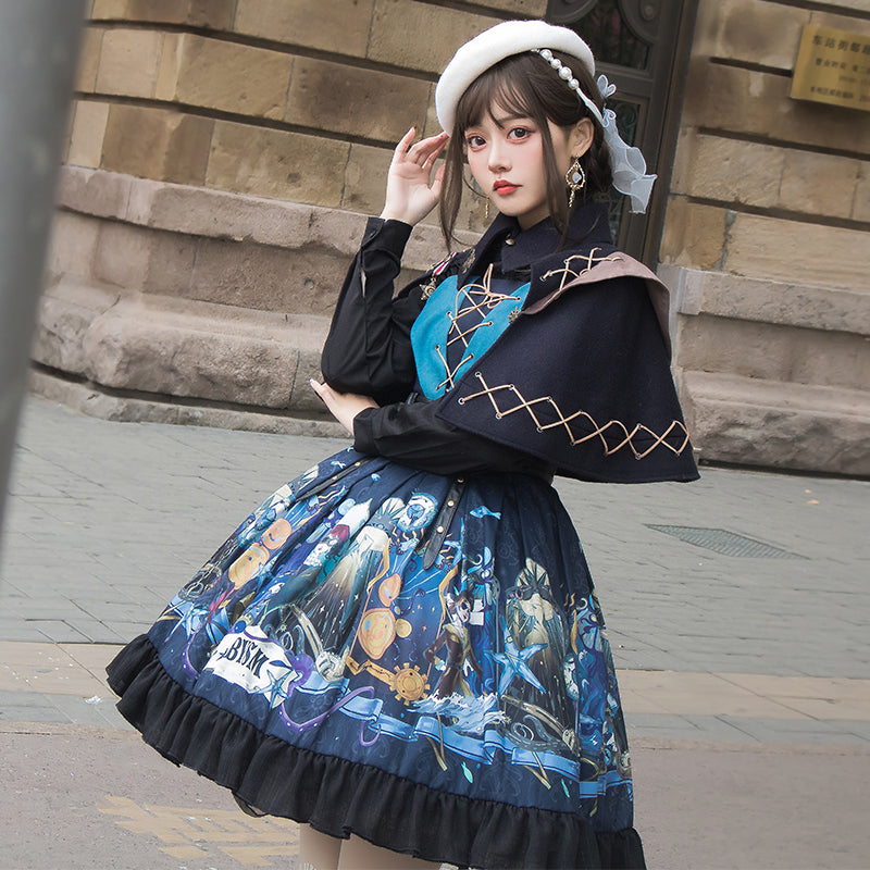 [Reservation sale] Front lace-up punk print Lolita jumper skirt