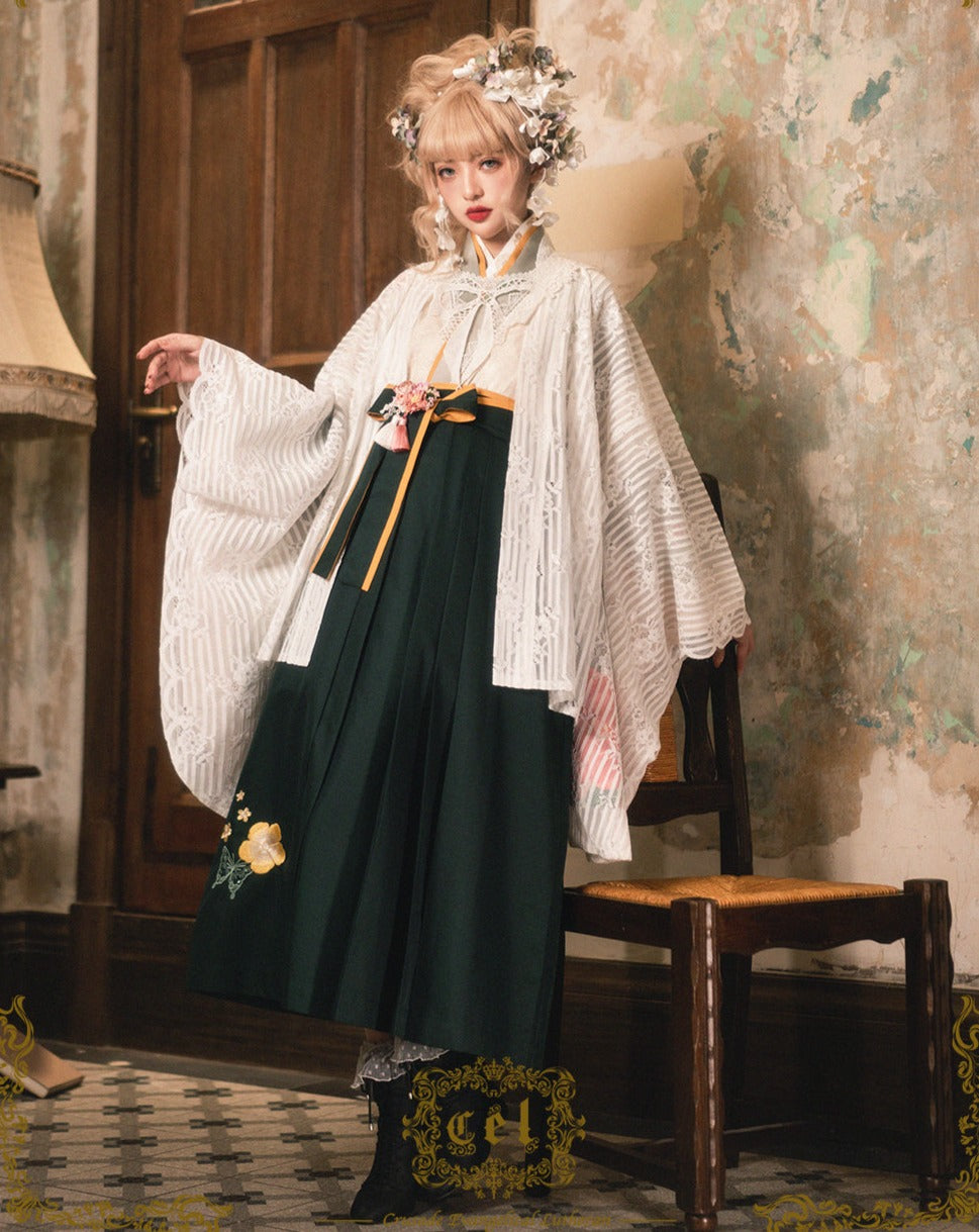 Camellia flower embroidery and butterfly hakama skirt