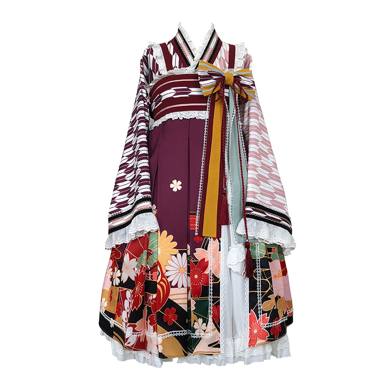 羽柄羽織りとダルマと花プリントのスカート 和ロリ – ロリータファッション通販RonRon