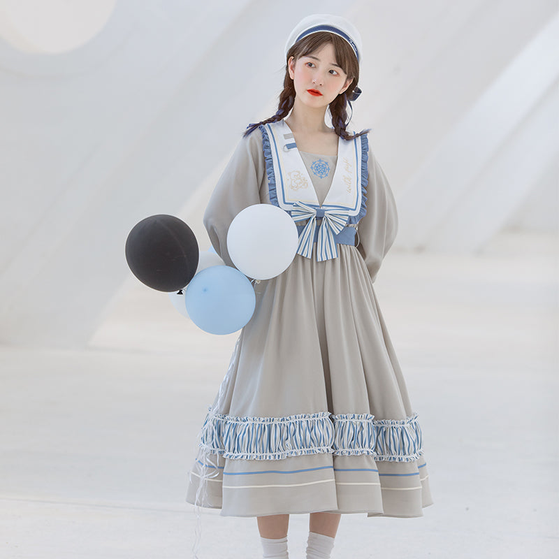 【Liyuuさん着用】セーラーカラーのグレーブルーロリータワンピース　