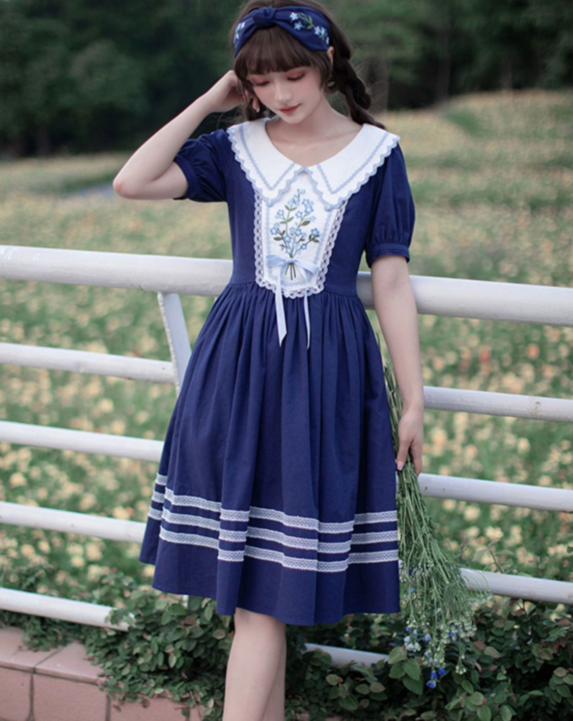 Forget-me-not bouquet embroidery dress