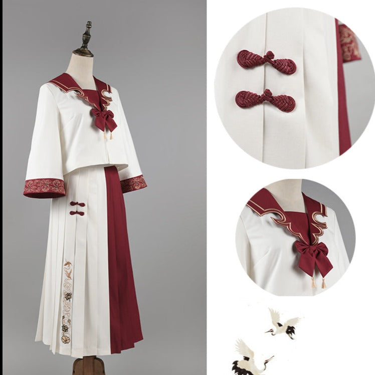 Hana Lolita x School Uniform Style Crane Embroidery Tops/Skirt Setup