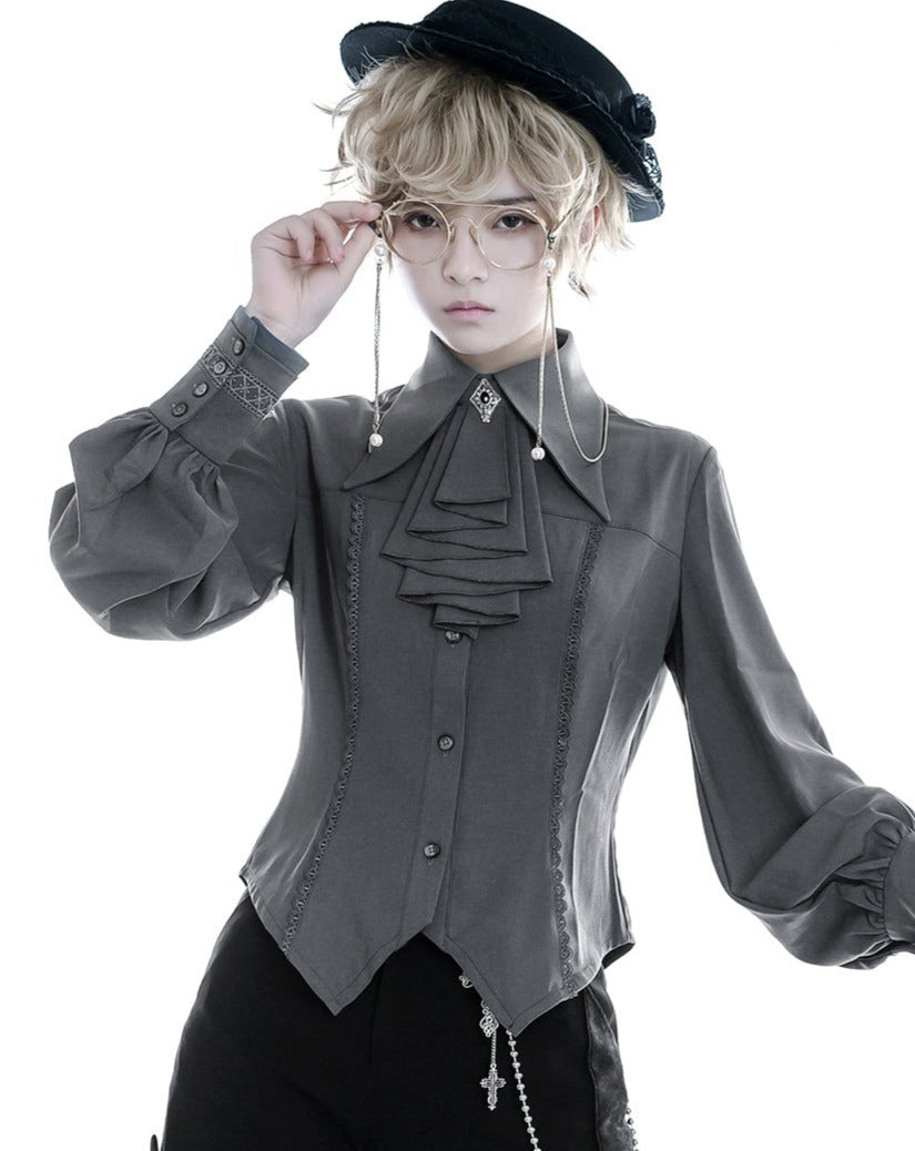 即納・皇子系ロリィタ 中世風フリルタイブラウス・ブルー（ブローチあり）Sサイズ/グレー（ブローチなし）Lサイズ