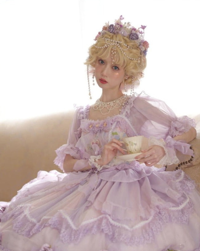 【予約販売】シフォンパープルプリンセスドレスとお花のティアラ