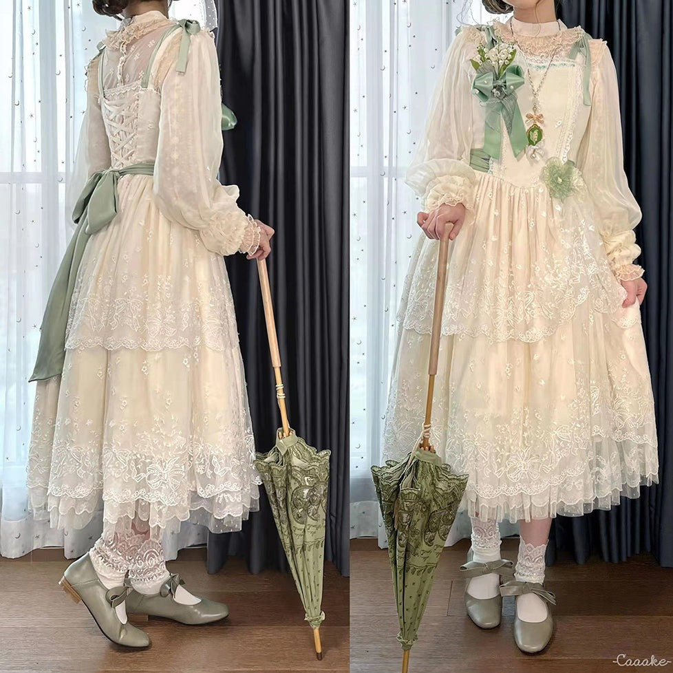 鈴蘭の花刺繍 レイヤードジャンパースカート