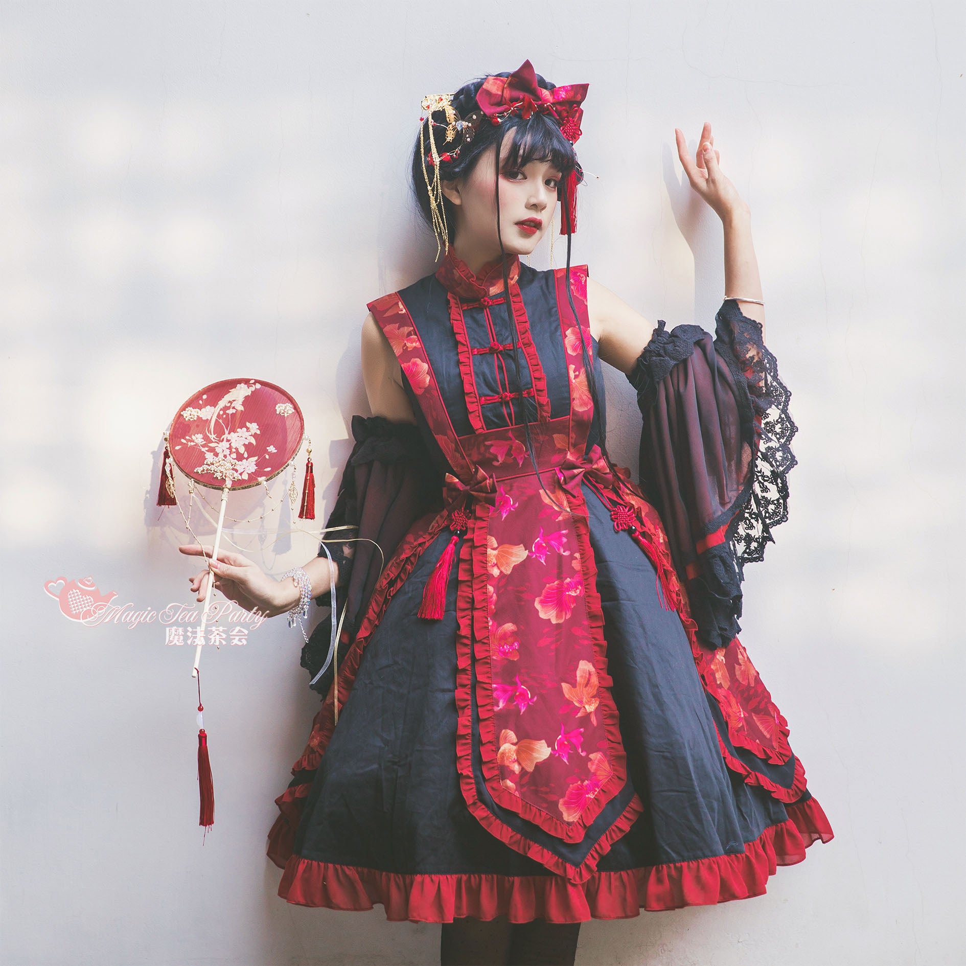Yumemiru Goldfish Flower Lolita Dress with Arm Sleeves and Hair Accessories