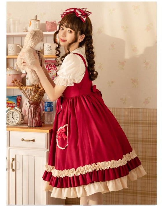 Heart Pocket Wine Red Frill Lolita Jumper Skirt