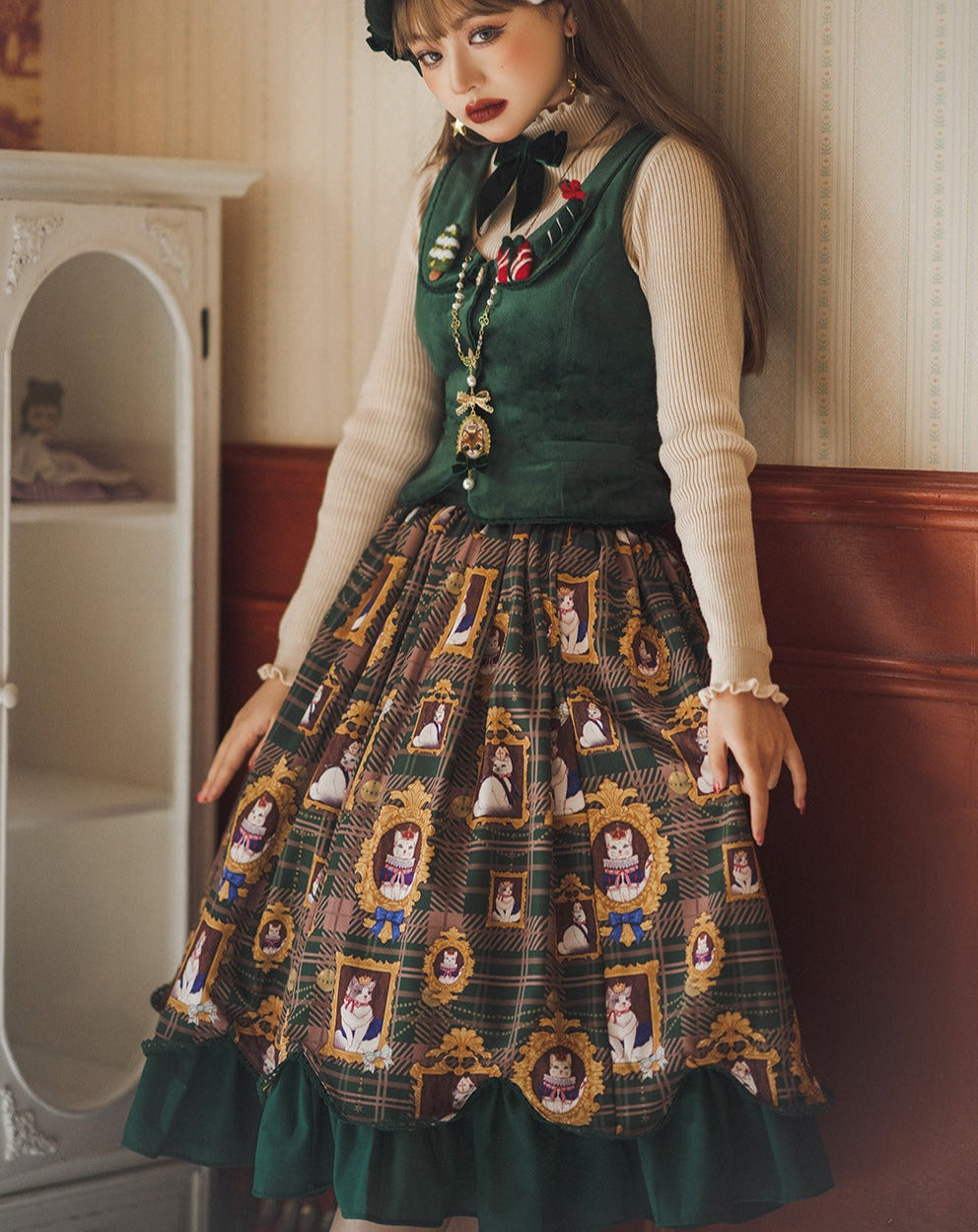 [Pre-order] Frame Cat and Checkered Layered Skirt