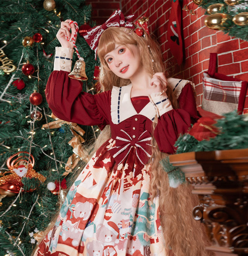 サンタベアープリント クリスマスカラーのロリータドレス