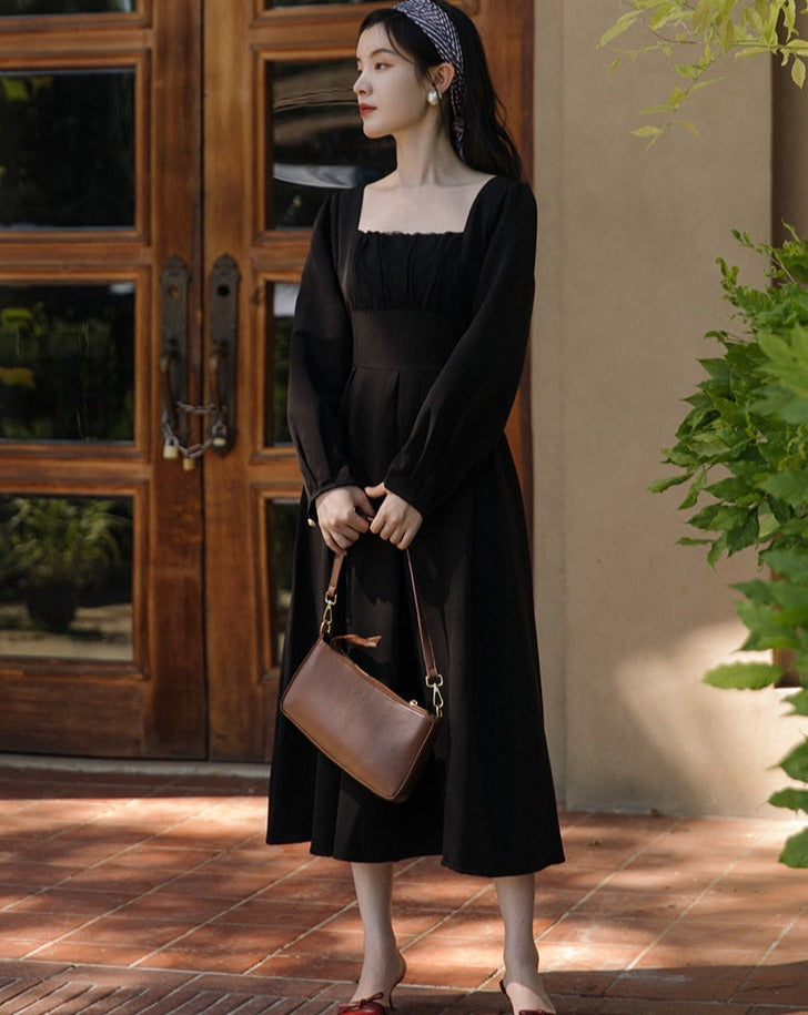 Retro French Square Neck Black Dress