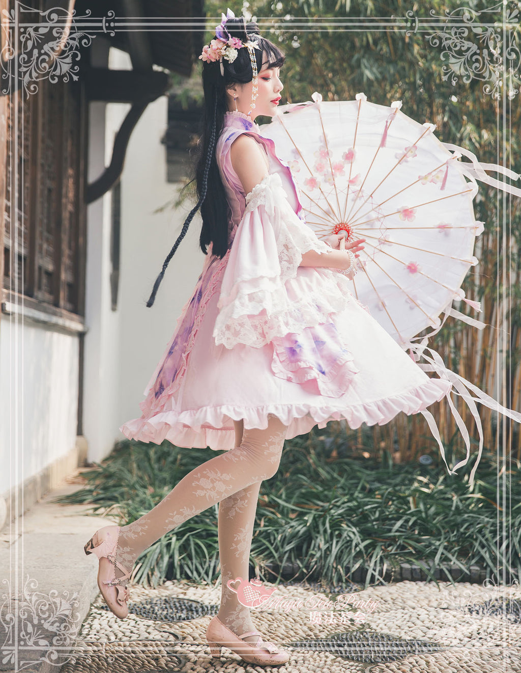 Yumemiru Goldfish Flower Lolita Dress with Arm Sleeves and Hair Accessories