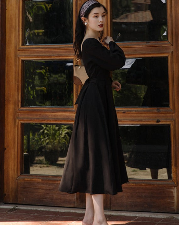 Retro French Square Neck Black Dress