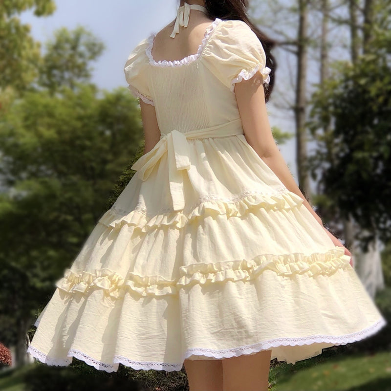 【予約販売】フリルスクエアネック甘ロリ半袖ワンピースとヘッドドレス