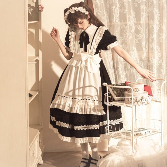 メイド風エプロン付きクラシカル ロリィタ 半袖ワンピース