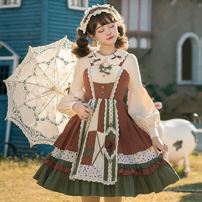 [Reservation sale] Pastoral Style Stitch Design Lolita Jumper Skirt with Headdress