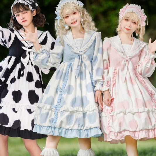 Ribbon and Frill Dalmatian Pattern Long Sleeve Sweet Lolita Dress