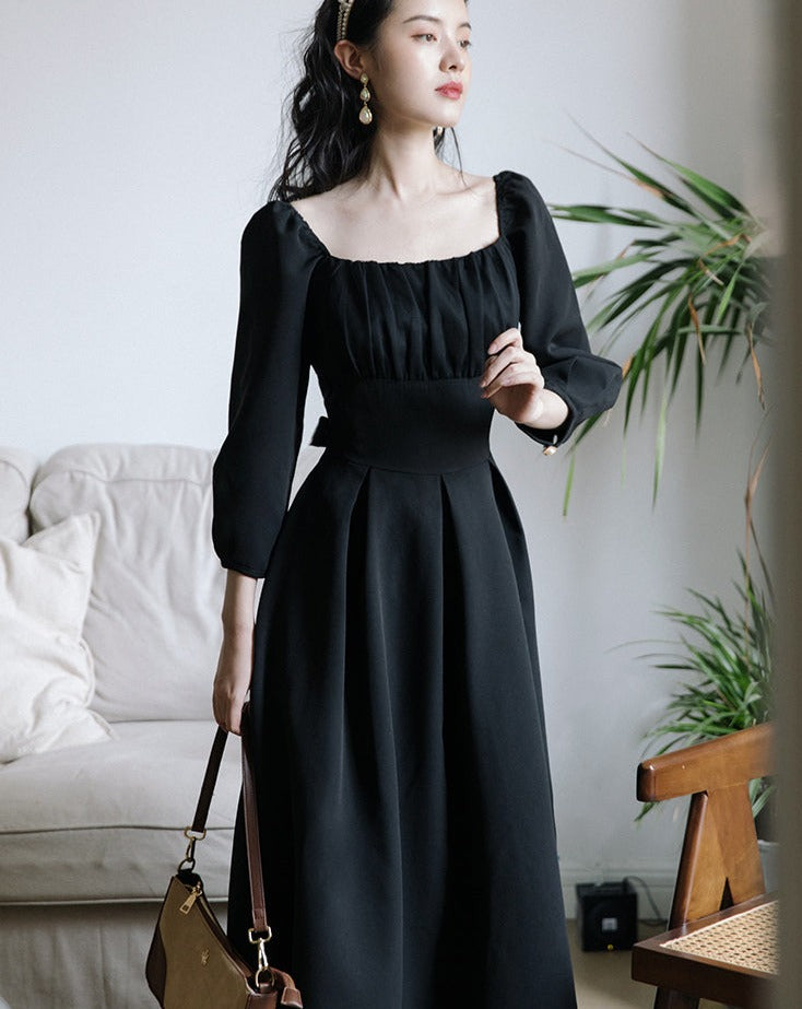 Retro French Square Neck Black Dress
