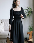 Retro French Square Neck Black Dress