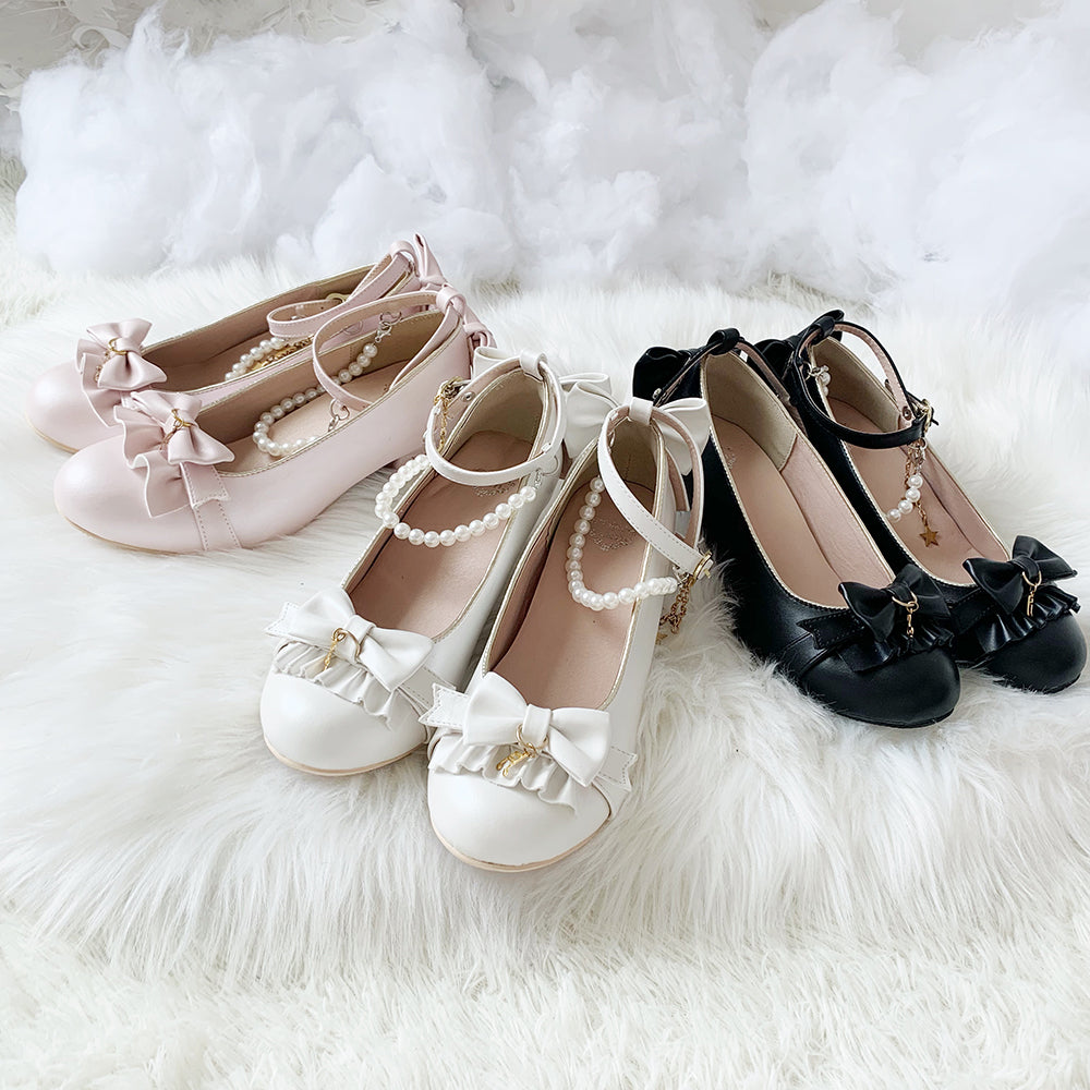 Lolita Shoes Ribbon and Pearl Strap Shoes
