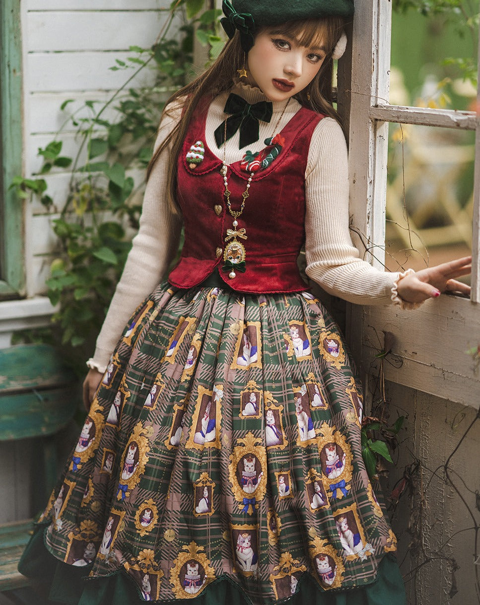 [Pre-order] Frame Cat and Checkered Layered Skirt