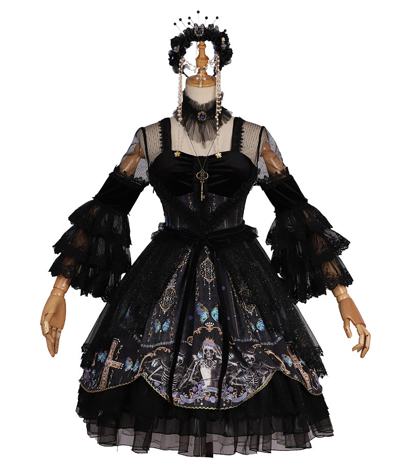 Skull and butterfly pattern dress with headdress and choker
