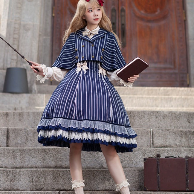 Eternal Emblem striped suspender skirt and cloak